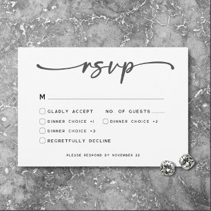 Cartão RSVP Casamento Mínimo de Script Branco Preto Moderno