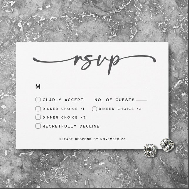 Cartão RSVP Casamento Mínimo de Script Branco Preto Moderno (Modern Black White Script Photo Wedding RSVP Card)