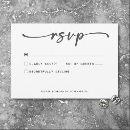 Cartão RSVP Casamento Mínimo de Script Branco Preto Moderno