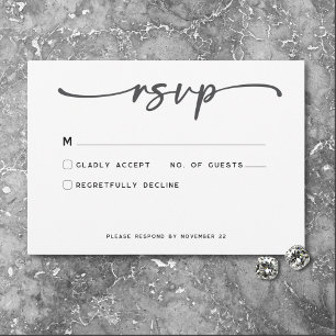Cartão RSVP Casamento Mínimo de Script Branco Preto Moderno
