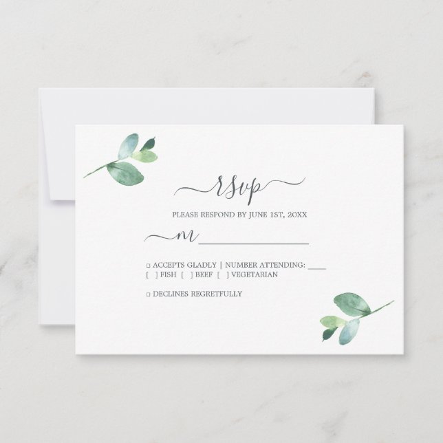 Cartão RSVP Casamento Mínimo do Eucalyptus Foliage em Script C (Frente)