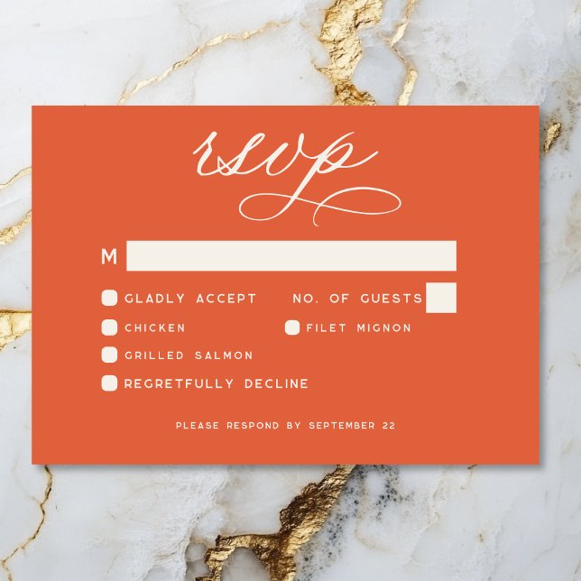 Cartão RSVP Casamento Mínimo do Script Laranja Moderno Sunset (Modern Sunset Orange Script Minimal Wedding RSVP Card)