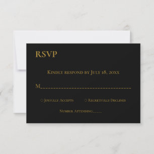 Cartão RSVP Casamento Mínimo Dourado Monograma Preto Preto Ele