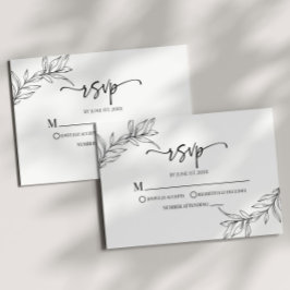 Cartão RSVP Casamento Mínimo Minimalista de Folha Branca Negra