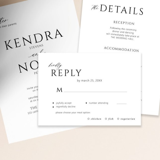Cartão RSVP Casamento mínimo moderno de escolha de refeição ne (The invitation and the details enclosure card can be purchased separately )