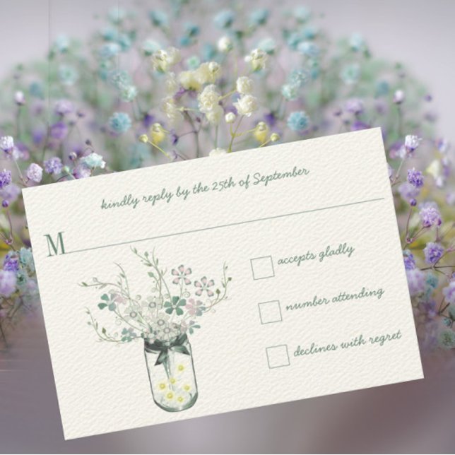 Cartão RSVP Casamento Mint Blush Mint Mason Jar Wildflower (Criador carregado)