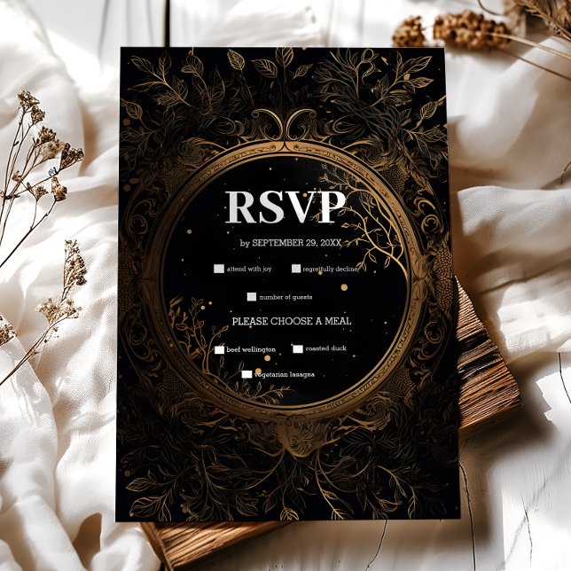 Cartão RSVP Casamento Místico Celestial Preto e Dourado (Criador carregado)