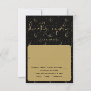 Cartão RSVP Casamento Místico Celestial Preto e Dourado