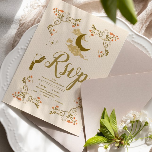 Cartão RSVP Casamento Místico Dourado Vintage (Criador carregado)