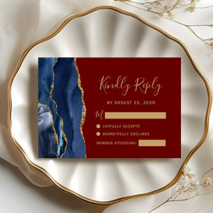 Cartão RSVP Casamento Moderno Azul Naval Dourado Ágata Burgund