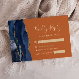 Cartão RSVP Casamento Moderno Azul Naval Laranja Ágata Dourada