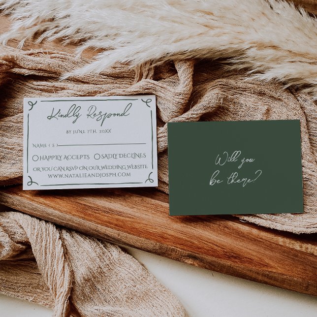 Cartão RSVP Casamento moderno boho caprichoso verde musgo escu (Criador carregado)