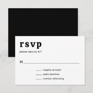 Cartão RSVP Casamento Moderno Branco e Preto de Letra Retroati