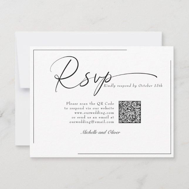 Cartão RSVP Casamento Moderno Clássico Caligrafia Código QR RS (Frente)
