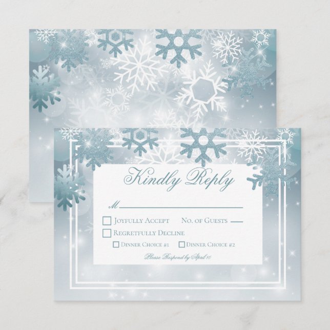 Cartão RSVP Casamento Moderno com Floco de Neve Azul (Frente/Verso)