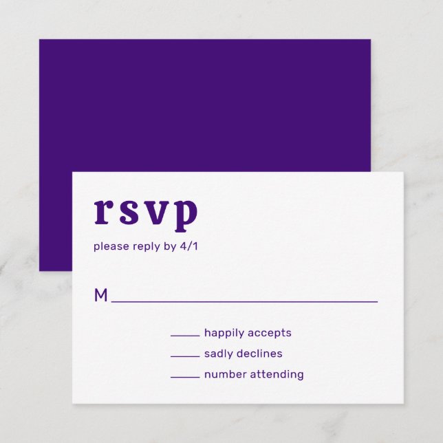 Cartão RSVP Casamento Moderno com Retro Font Purple (Frente/Verso)
