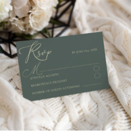 Cartão RSVP Casamento Moderno com Tipografia Verde e Dourada R