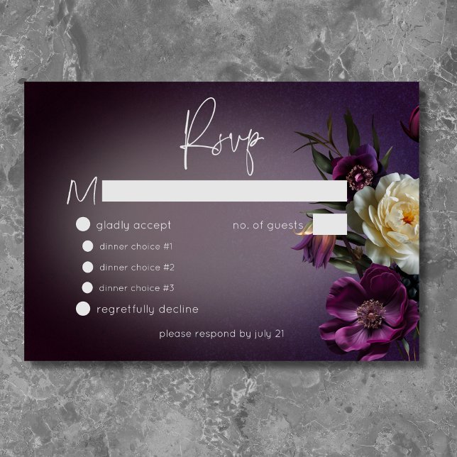 Cartão RSVP Casamento Moderno da Lavanda Roxo-Escura (Dark Moody Purple & Lavender Floral Modern Wedding RSVP Card)