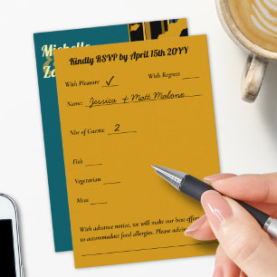Cartão RSVP Casamento Moderno de Girassol Azul Teal Dourado
