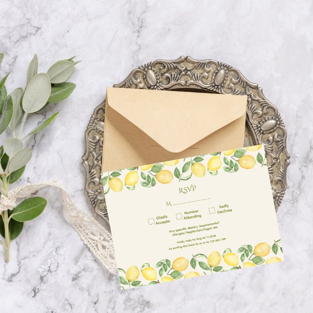 Cartão RSVP Casamento Moderno de Limão Oliva Mediterrâneo (Criador carregado)