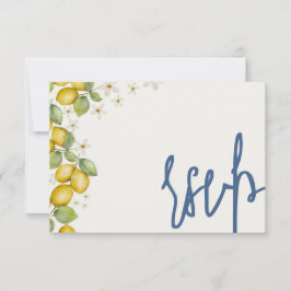 Cartão RSVP Casamento Moderno de Limões Azul e Amarelo