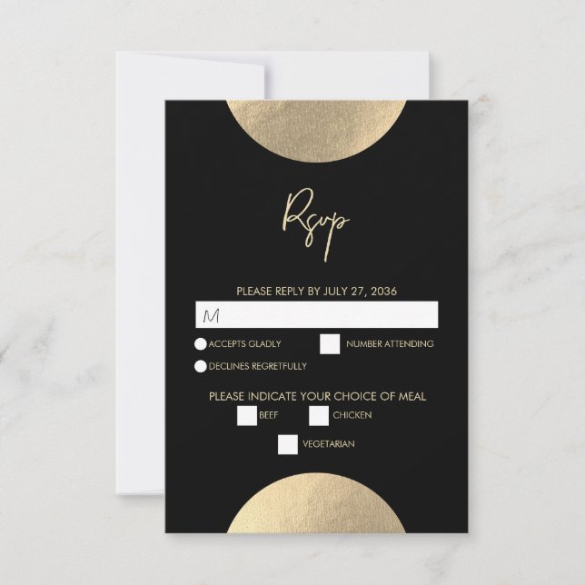 Cartão RSVP Casamento moderno de preto e Abstrato Dourado cont (Frente)