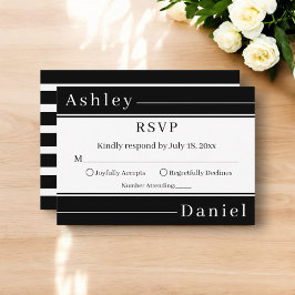 Cartão RSVP Casamento Moderno Elegante Black & White Stripes