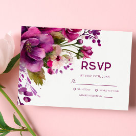 Cartão RSVP Casamento Moderno Elegante de Magenta Floral Rosa