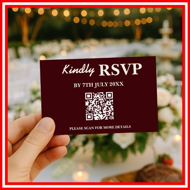 Cartão RSVP Casamento Moderno Elegante em Borgonha com QR CODE (Criador carregado)