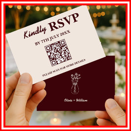 Cartão RSVP Casamento Moderno Elegante em Borgonha com QR CODE