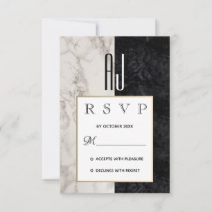 Cartão RSVP Casamento Moderno Elegante Mármore Preto Branco &