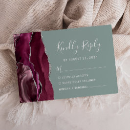Cartão RSVP Casamento Moderno em Burgundy Prata Ágata Verde Sa