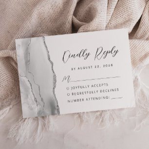 Cartão RSVP Casamento Moderno em Cinza Ágata Prata Script