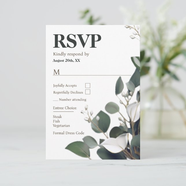 Cartão RSVP Casamento Moderno Eucalyptus (Em pé/Frente)