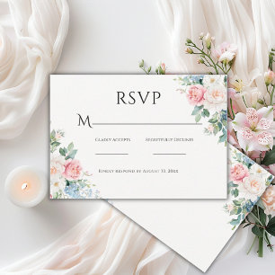 Cartão RSVP Casamento Moderno Floral Simples Rosa e Azul