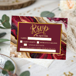 Cartão RSVP Casamento Moderno Mármore Burgundy Dourado Chic 