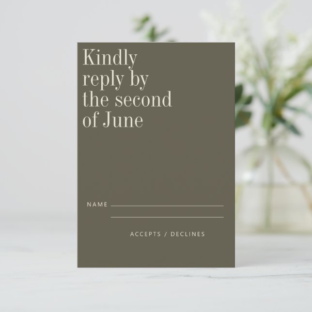 Cartão RSVP Casamento Moderno Minimalista Verde Oleícola Elega (Em pé/Frente)