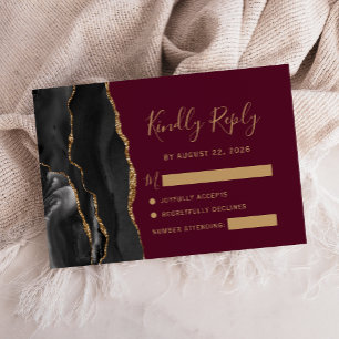 Cartão RSVP Casamento Moderno Preto Dourado Ágata Borgonha