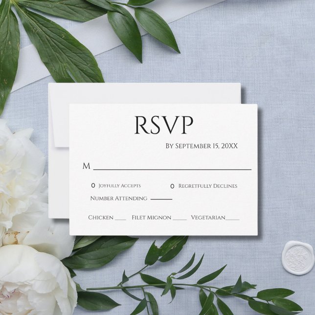 Cartão RSVP Casamento Moderno Simples e Branco Negro (Black White Modern Minimalist Wedding RSVP card. Simple and Elegant)