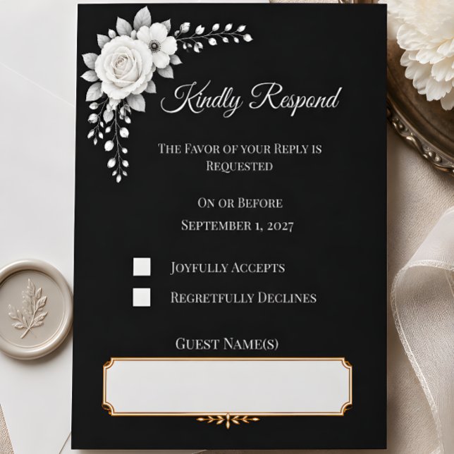 Cartão RSVP Casamento Monocromático de Luxo (This mockup image of the RSVP card has been created using AI technology)