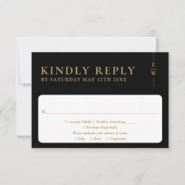 Cartão RSVP Casamento Monograma Minimalista Preto e Dourado