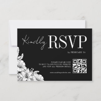 Cartão RSVP Casamento Monograma QR Floral Preto Branco Rústico