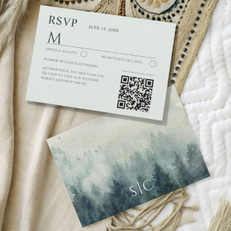 Cartão RSVP Casamento Montanhas Aquarela & Pinheiros