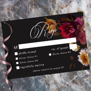 Cartão RSVP Casamento Moody Preto Floral Pintura Vermelho Borg