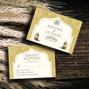 Cartão RSVP Casamento Muçulmano do Ouro Real Islâmico Damask