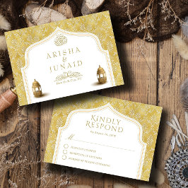 Cartão RSVP Casamento Muçulmano do Ouro Real Islâmico Damask