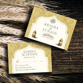 Cartão RSVP Casamento Muçulmano do Ouro Real Islâmico Damask
