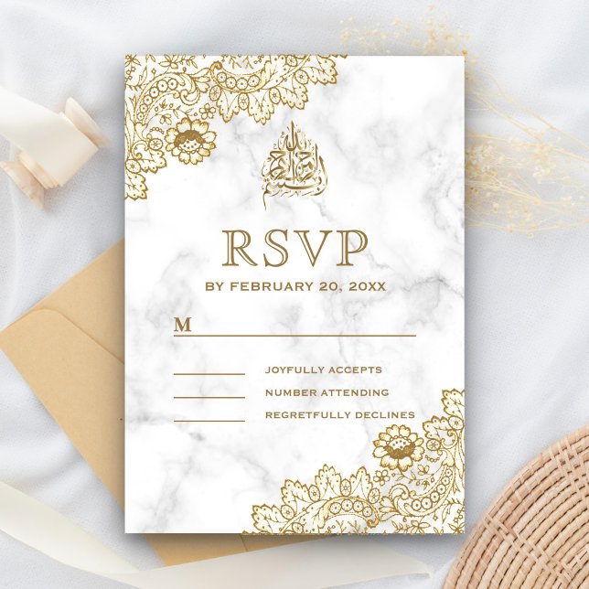 Cartão RSVP Casamento Muçulmano Islâmico Dourado Lace White Ma (Criador carregado)