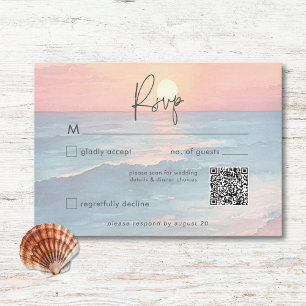 Cartão RSVP Casamento na Praia com Aquarela do Pôr do Sol no O