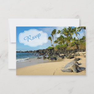 Cartão RSVP Casamento na Praia Tartarugas Oceano Palmeir